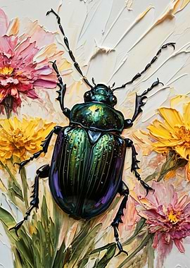Green Beetle on Flowers painting with textured