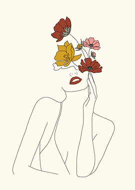 Colorful Thoughts Minimal Line Art Woman with Flowers