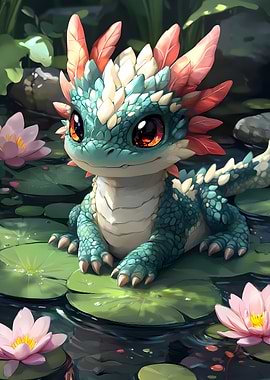 Cute Dragon on Lily Pad Animal