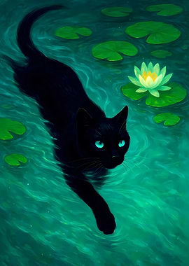 Black Cat in Water Lilies - Lotus Prowl