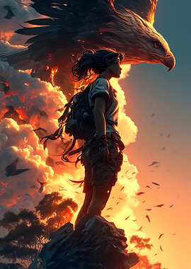 Woman and Eagle in Sunset