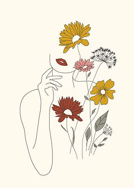 Colorful Thoughts Minimal Line Art Woman with Flowers III