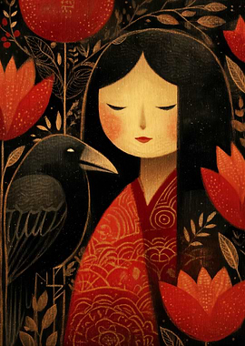 Cute Kokeshi Girl with Raven