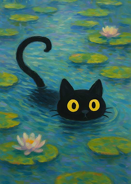Black Cat in Water Lilies