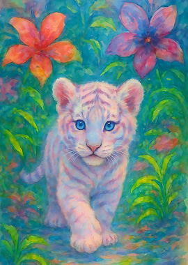 White Tiger Cub in Tropical Foliage