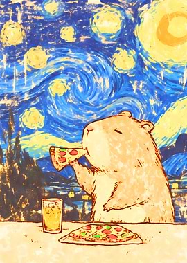 Kawaii Capybara eating Pizza