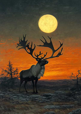 Reindeer Under Full Moon