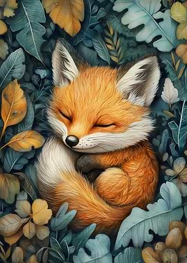 Sleeping Baby Fox In Autumn Leaves