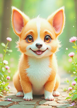 Smiling Corgi in Flower Path