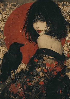 Japanese Woman in Kimono with Crow