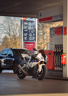 BMW Motorcycle at Gas Station