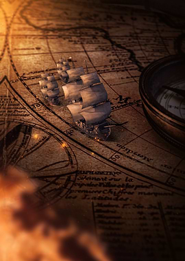 Ships on Antique Map