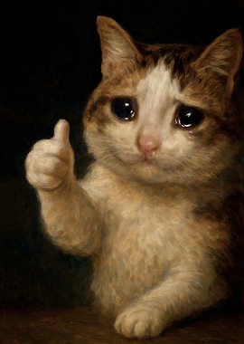 Thumbs Up Crying Cat Poster – Emotional Meme Kitty Art