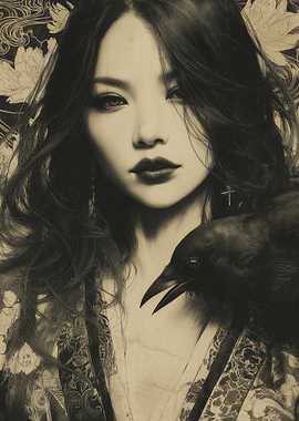 Goth Japanese Woman with Raven