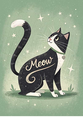 Black and White Cat with Stars