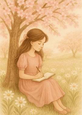 Girl Writing Under Cherry Blossoms