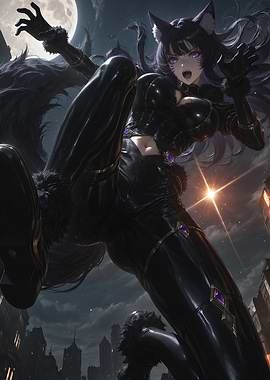 Black Catgirl in Cityscape