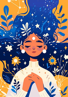 Girl with Starry Hair Minimalist Art Illustration