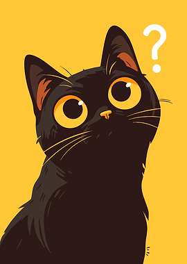 Curious Black Cat Funny Minimalist Art Illustration