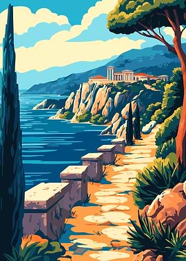 Ancient Greek Mediterranean Coastline Minimalist Art Illustration