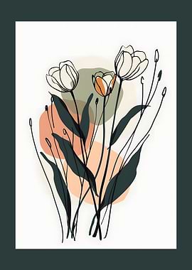 Dark Green and Peach Abstract Floral Line Art