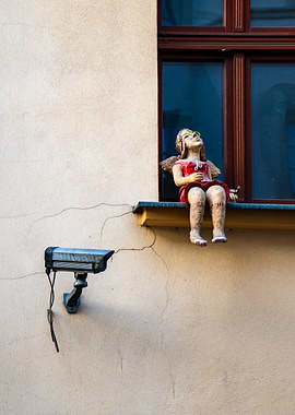 Whimsical sculpture perched on a window sill with a watchful cam