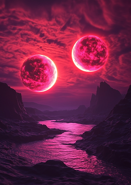 Moonlight Motion – Dance Beneath Neon Skies - Pink Double Moon Landscape