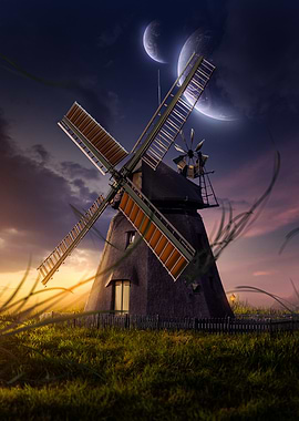 Windmill Under Two Moons