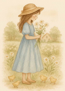 Girl with Daisies and Chicks