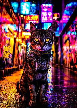 Neon Cat in City Alley