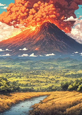 Volcanic Eruption Over a Peaceful Valley