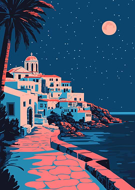 Mediterranean Night Minimalist Art Illustration
