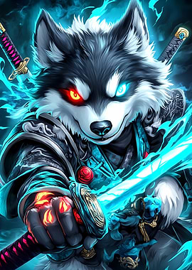 Alaskan Malamute Dog Samurai with Blazing Sword Animal