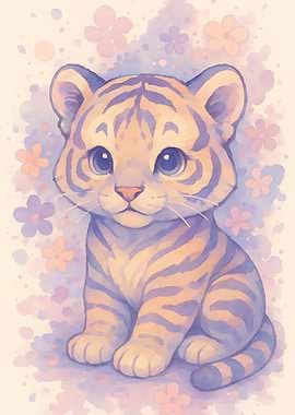 Watercolor of Tiger Cub with Pastel Flowers