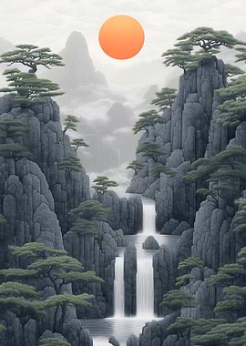 Waterfall in Misty Mountains