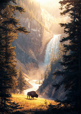 Bison at Waterfall