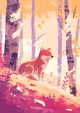 Fox in Autumn Forest Minimalist Art Illustration