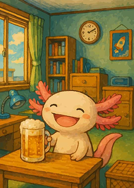 Smiling Axolotl with Beer