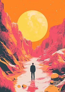 Man watches Desert Canyon Sunrise Minimalist Art Illustration