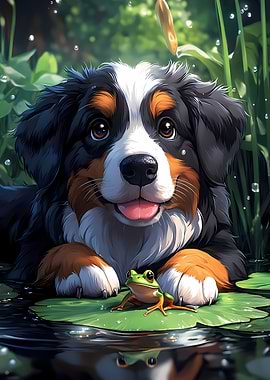 Puppy and Frog Friends Bernese Mountain