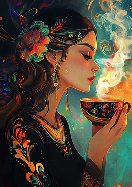 Woman with Tea and Flower