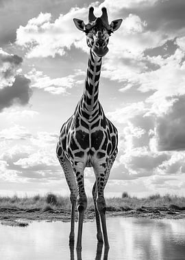 Giraffe at Waterhole Black and White Photo