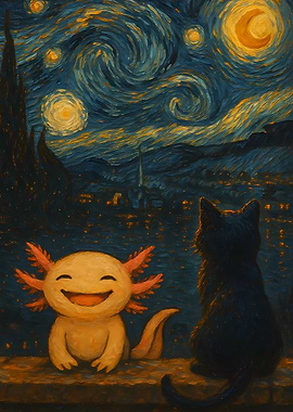 Starry Night with Axolotl and Cat