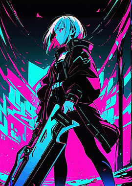 Anime Neon Girl with Sword
