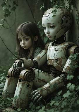 A melancholic young girl sitting beside a forlorn robot