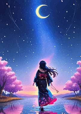Anime Girl Under Crescent Moon