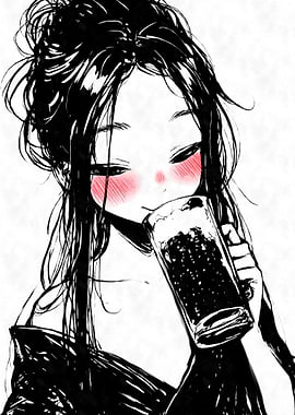 Anime Girl Drinking Beer Black Ink