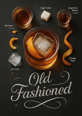 Old Fashioned Cocktail Poster – Whiskey, Orange, Ice