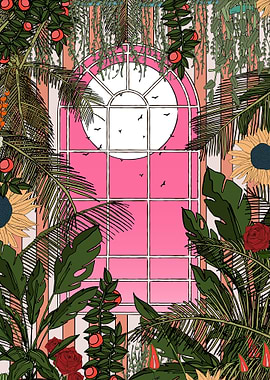 Pink Window with Tropical Plants