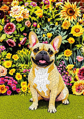 French Bulldog in Flower Garden